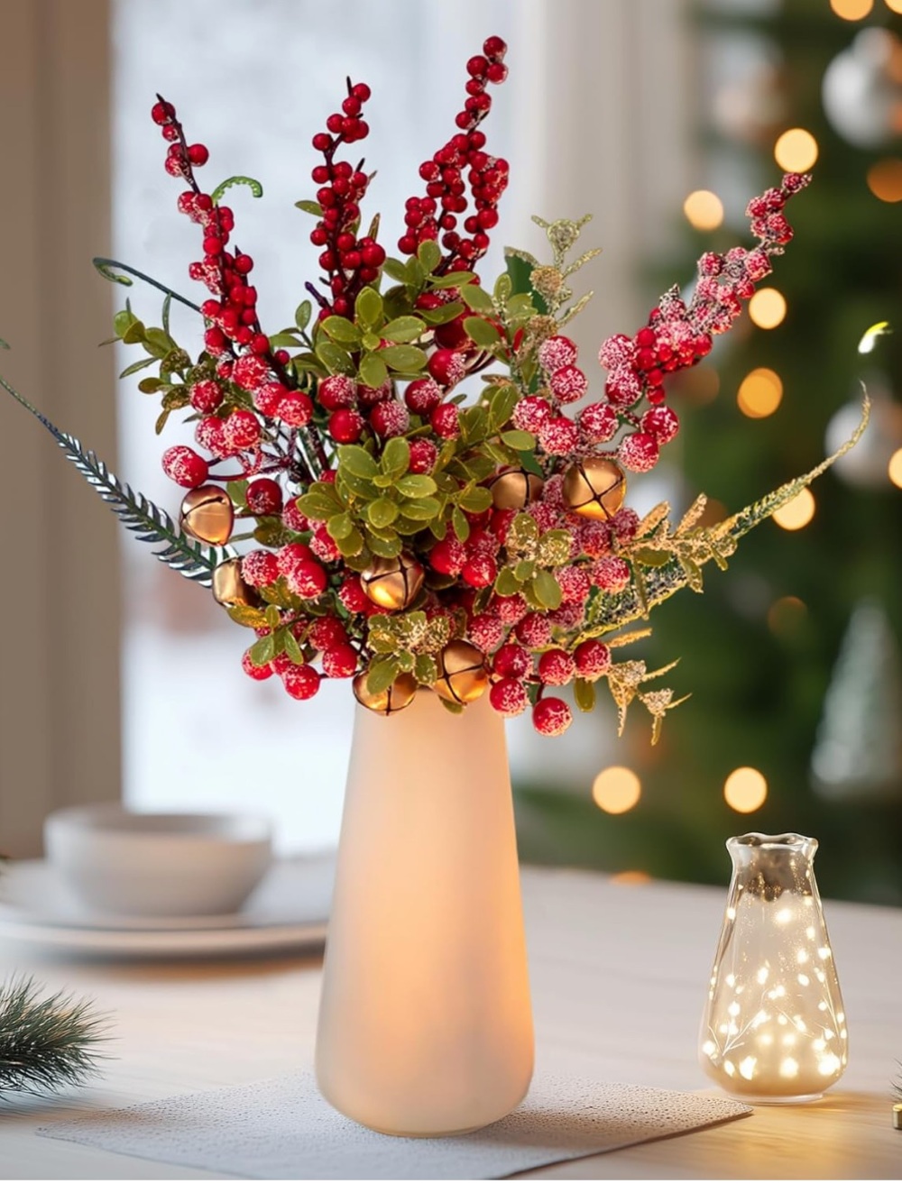 BLOSMON Christmas Red Berry Floral Arrangement w Vase Centerpiece